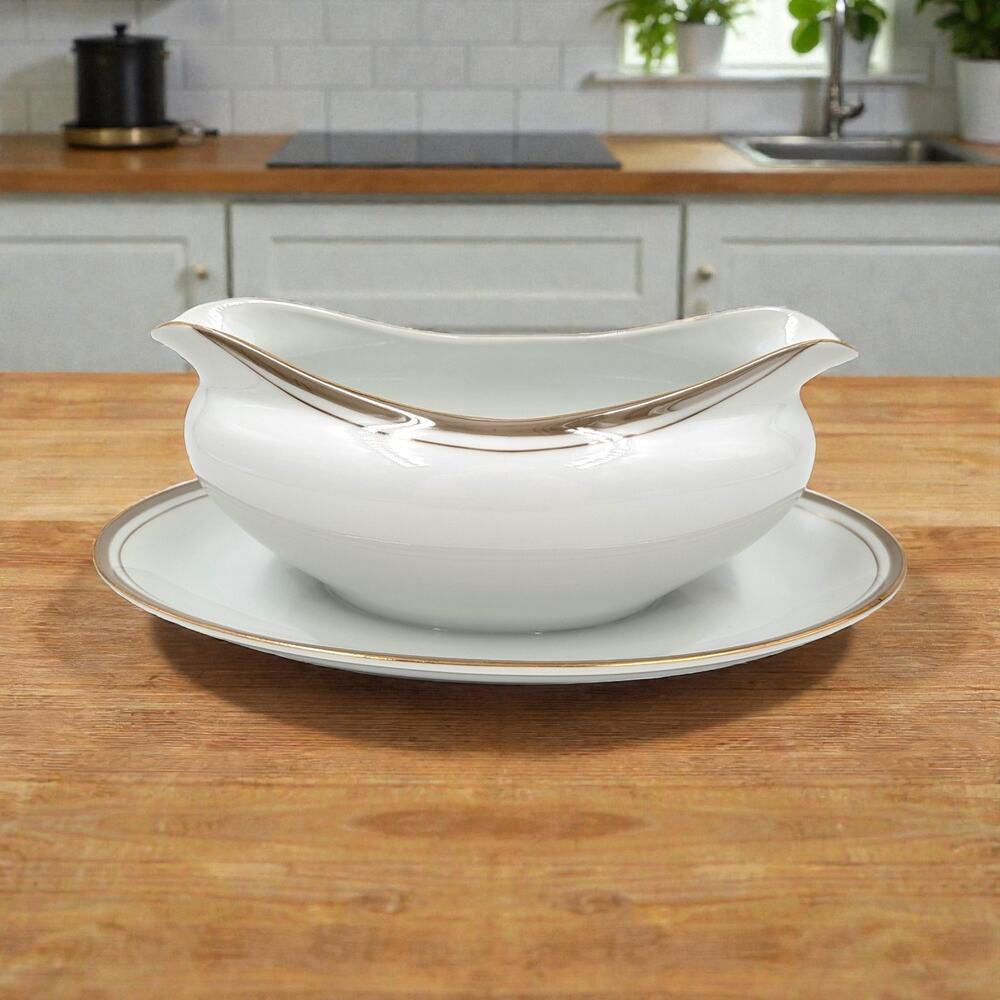 Royalton China Gravy Boat w/ Attached Underplate Gold Trim Translucent Porcelain